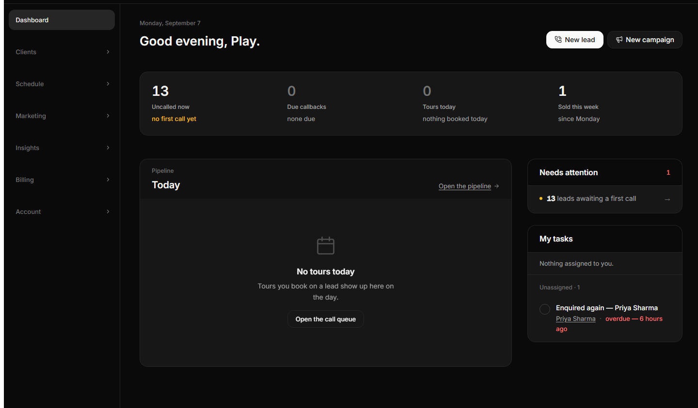 The Monody dashboard: today's uncalled leads, due callbacks, tours and sales, with the pipeline, what needs attention and the day's tasks.