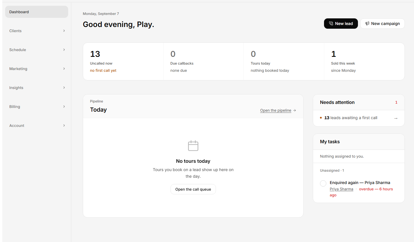 The Monody dashboard: today's uncalled leads, due callbacks, tours and sales, with the pipeline, what needs attention and the day's tasks.
