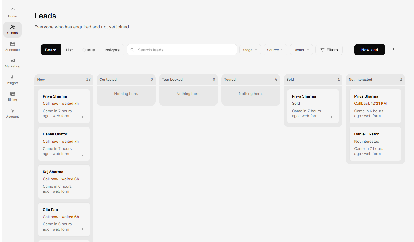 The leads board: new enquiries, contacted, tour booked, toured, sold and not interested, as columns.