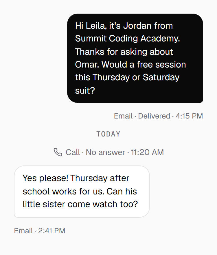 One thread in Monody: a business's message to a parent, and the parent's reply a little later.